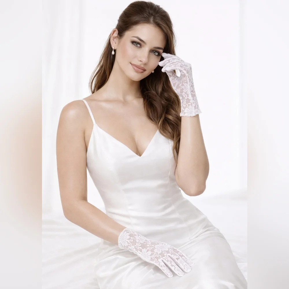 New Sheer Floral Bridal Gloves White Tulle Mesh Ruffle Cosplay Dress Up Stretch